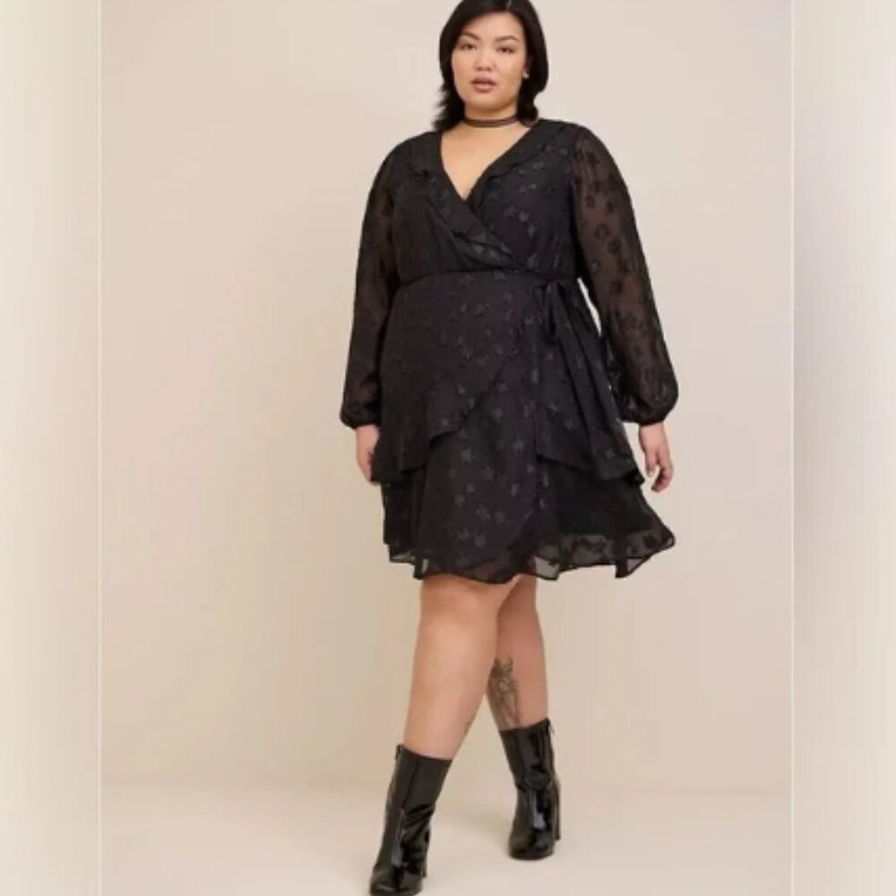 Torrid Mini Clip Star Surplice Ruffle Long Sleeve Ruffle Mini Dress (1479)